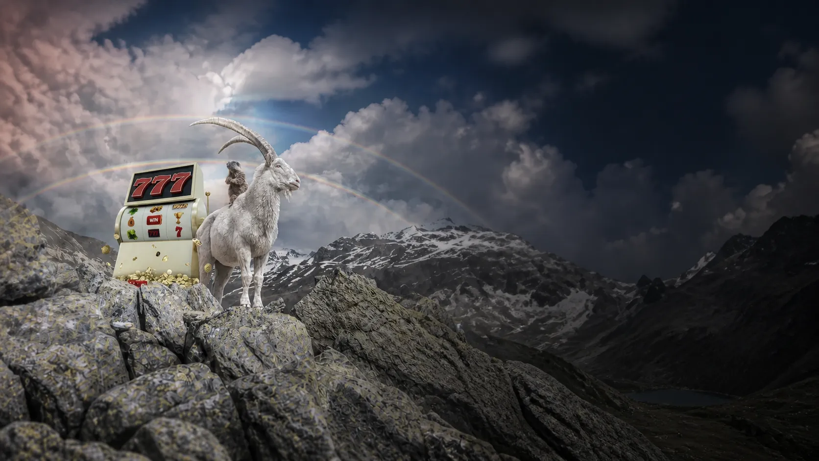 Alpenlandschaft mit Steinbock und Casino777 Spielautomat