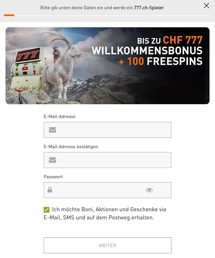 Casino777 Registrierungsformular mit E-Mail- und Passwortfeldern